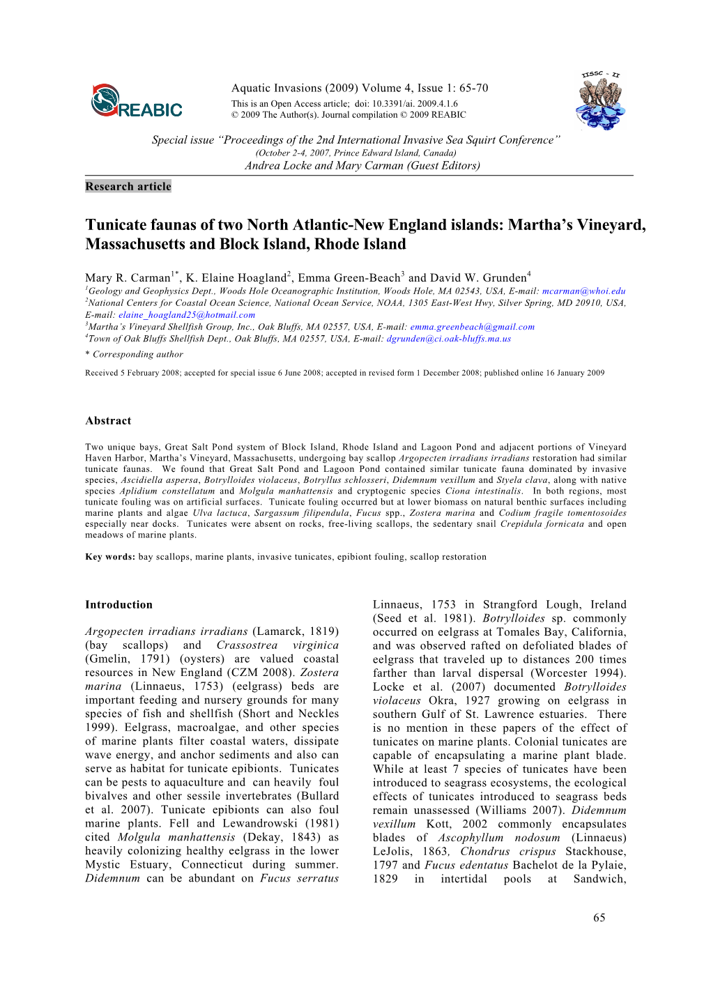 Tunicate Faunas of Two North Atlantic-New England Islands: Martha’S Vineyard, Massachusetts and Block Island, Rhode Island