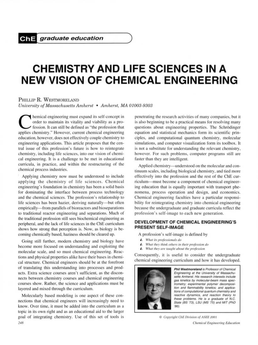 Chemistry and Life Sciences in a New Vision of Chemical Engineering