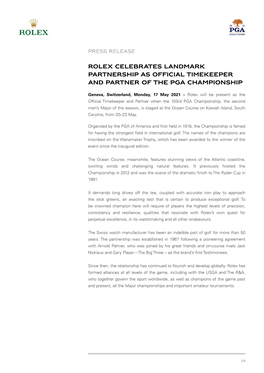 Rolex Celebrates Landmark Partnership As Official Timekeeper and Partner of the Pga Championship