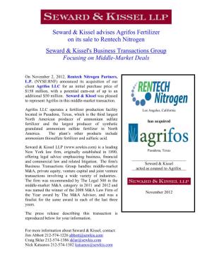 Seward & Kissel Advises Agrifos Fertilizer on Its Sale to Rentech