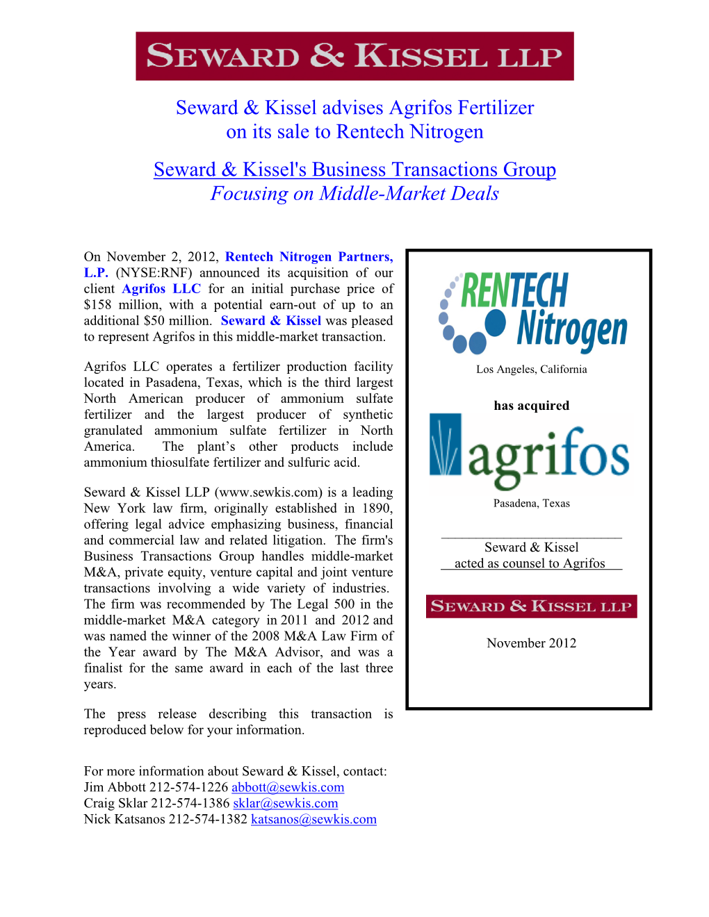 Seward & Kissel Advises Agrifos Fertilizer on Its Sale to Rentech