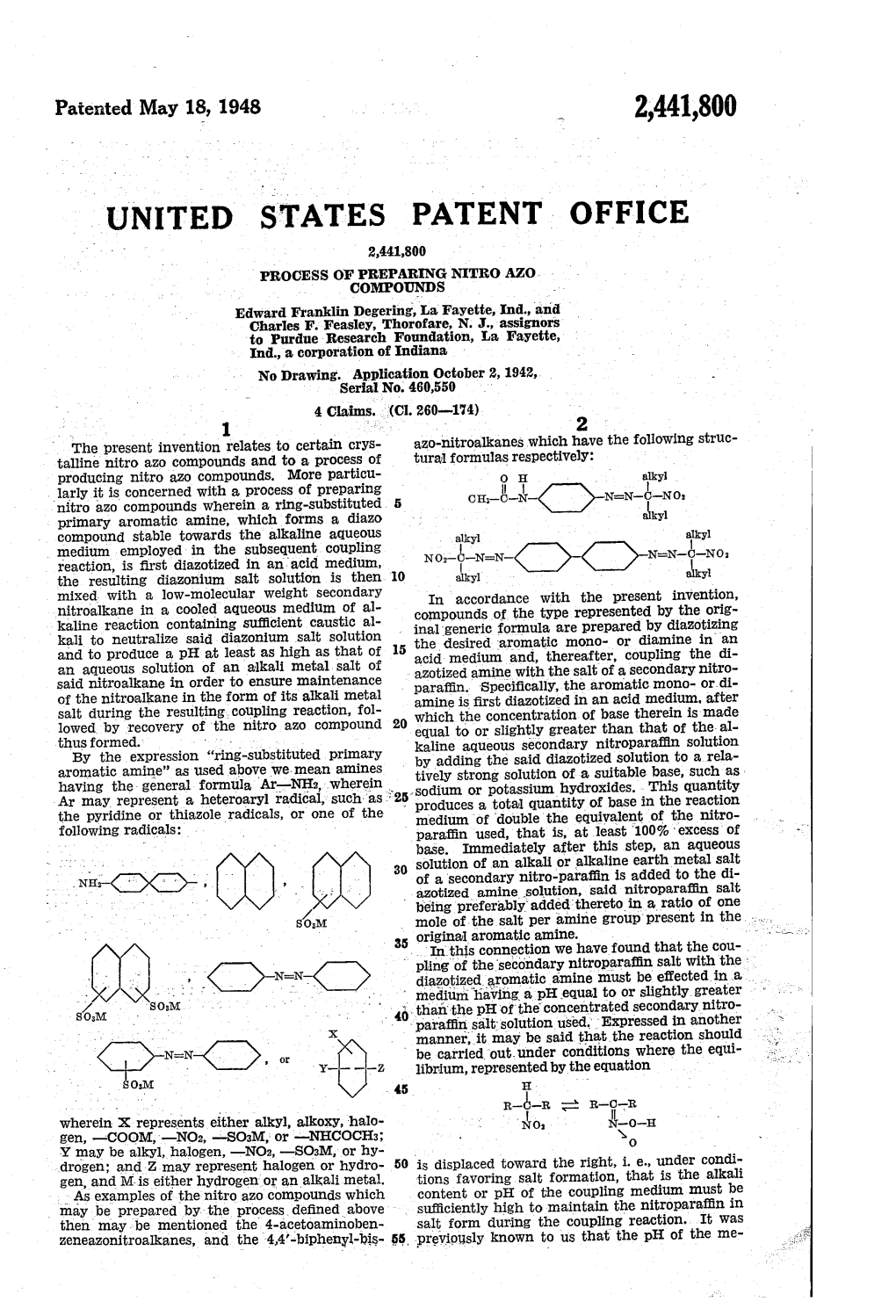 UNITED STATES PATENT OFFICE Process of PREPARING Nitro Azo Compounds Edward Franklin Degering, La Fayette, Ind., and Charles F