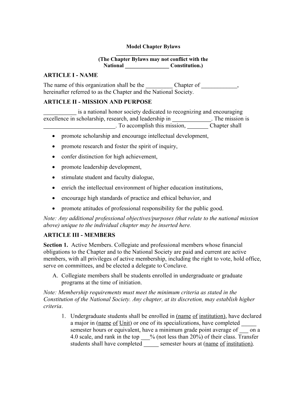 Model Chapter Bylaws