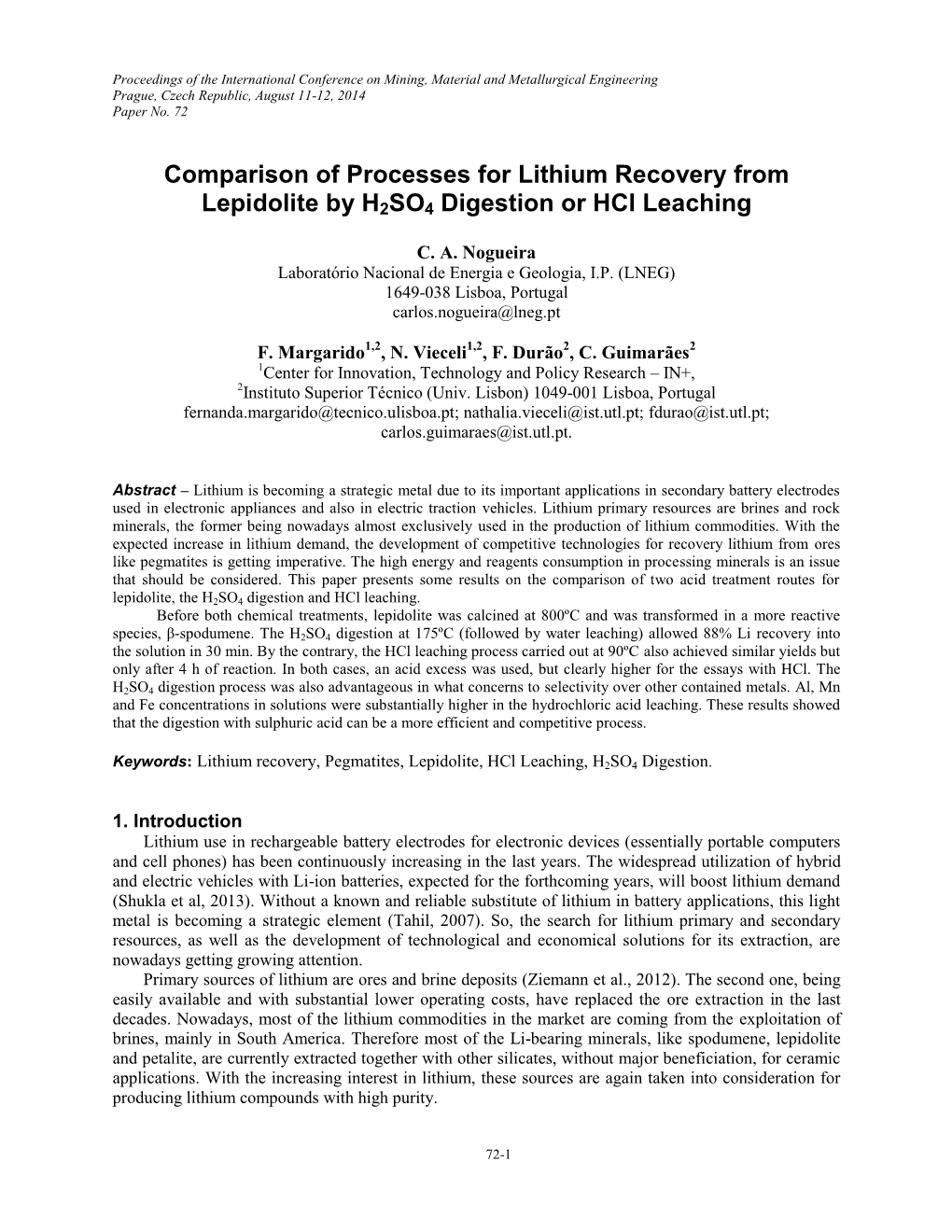 Comparison of Processes for Lithium Recovery from Lepidolite by H2SO4 Digestion Or Hcl Leaching
