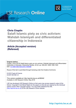 Salafi Islamic Piety As Civic Activism: Wahdah Islamiyah and Differentiated Citizenship in Indonesia