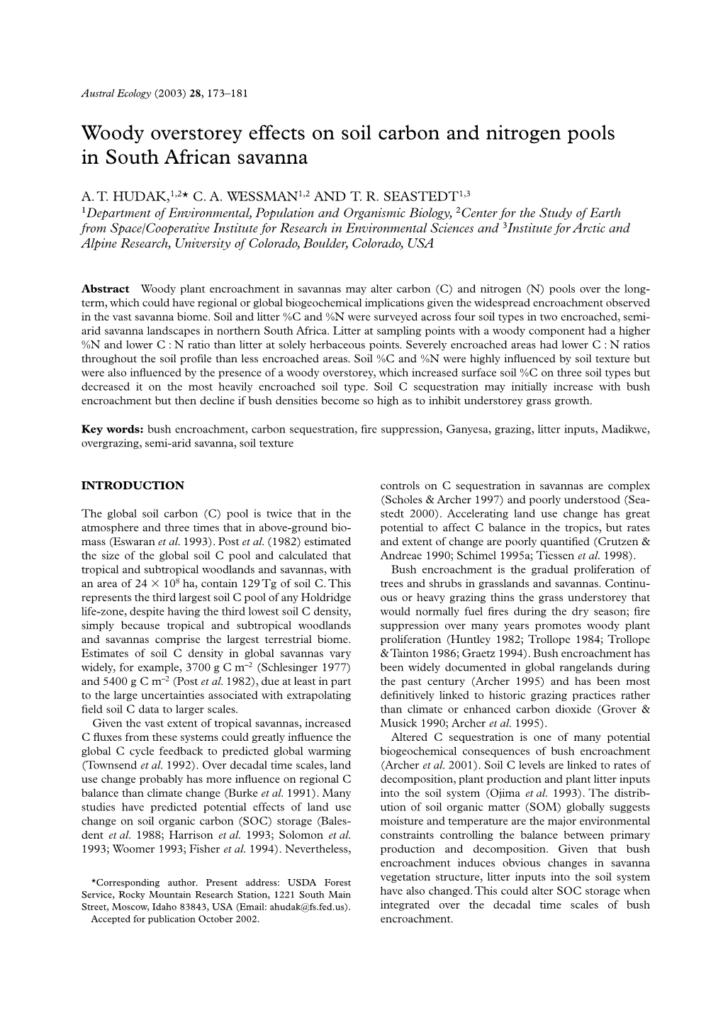 Woody Overstorey Effects on Soil Carbon and Nitrogen Pools in South African Savanna