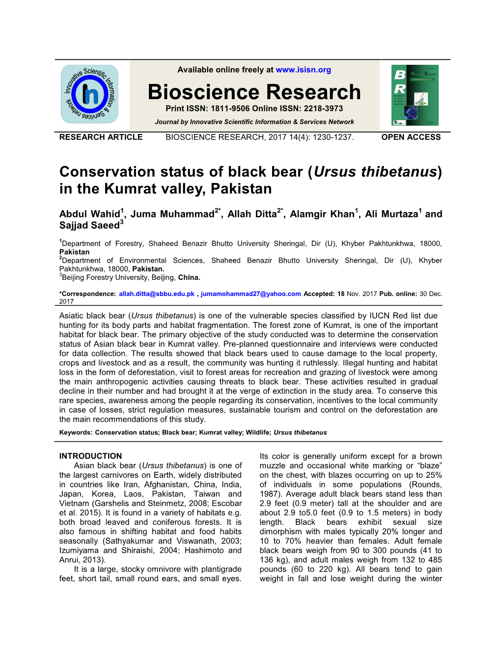 Conservation Status of Black Bear (Ursus Thibetanus) in the Kumrat Valley, Pakistan