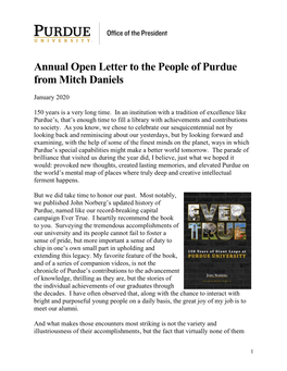 Annual Open Letter to the People of Purdue from Mitch Daniels