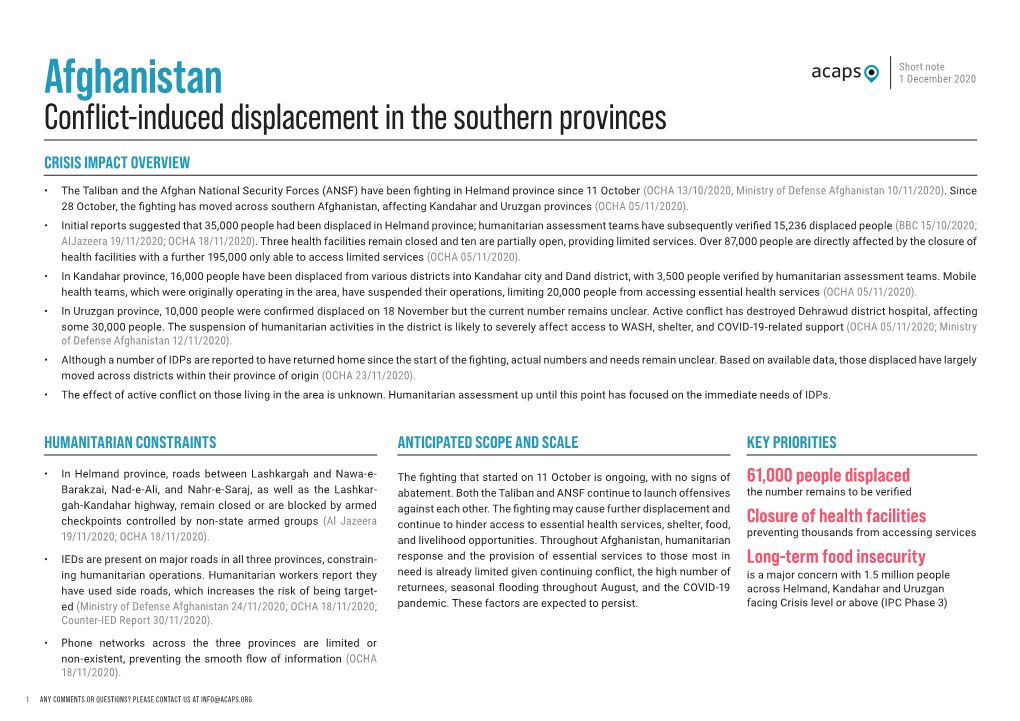 Afghanistan 1 December 2020 Conflict-Induced Displacement in the Southern Provinces