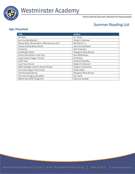 Summer Reading List Age: Preschool