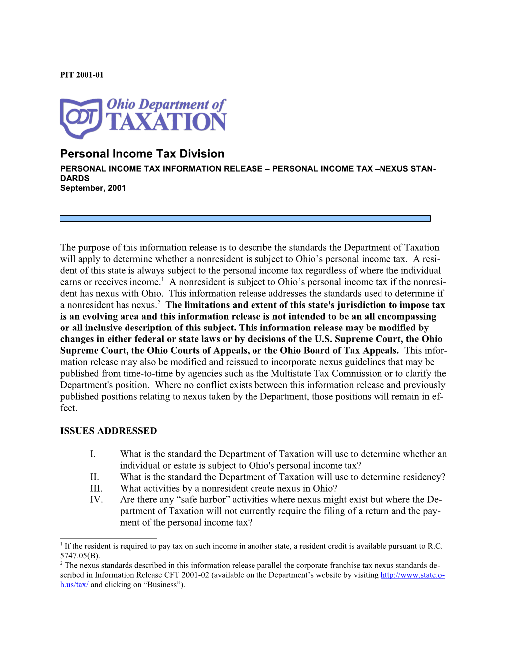 Personal Income Tax Information Release Personal Income Tax Nexus Standards