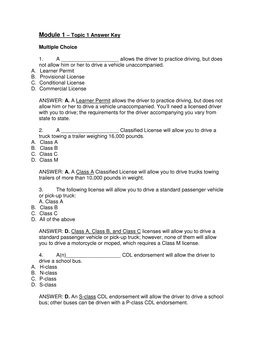 Module 1 – Topic 1 Answer Key Multiple Choice 1. A