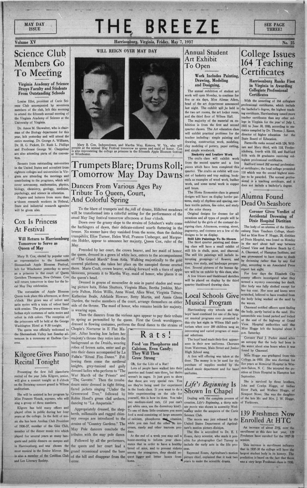 THE, BREEZE THREE! Volume XV Harrisonburg, Virginia, Friday, May 7, 1937 No