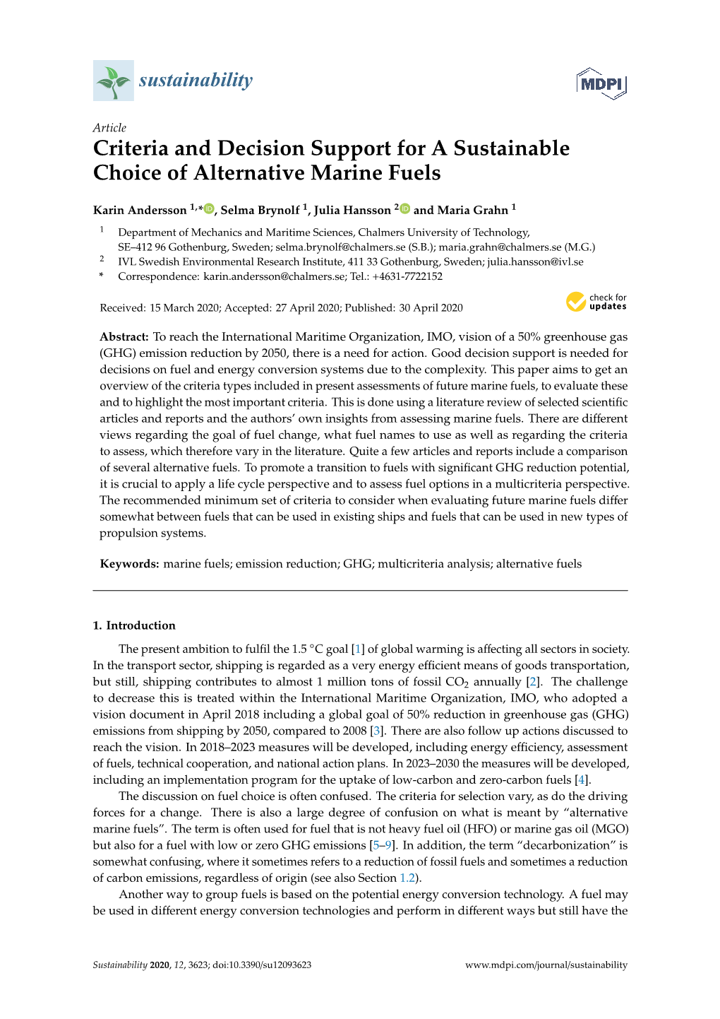 Criteria and Decision Support for a Sustainable Choice of Alternative Marine Fuels