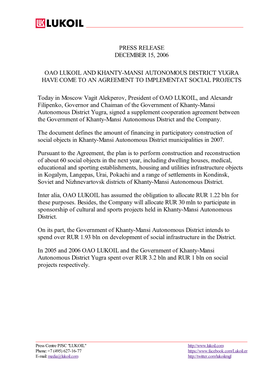 Press Release December 15, 2006 Oao Lukoil and Khanty
