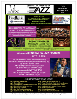 CENTRAL PA JAZZ FESTIVAL JULY 5 - 8, 2018 July 5Th - RIVERBOAT CRUISE - City Island, Harrisburg July 6Th JAZZ PARTY@ the Abbey Bar, Appalachian Brewery, Hbg