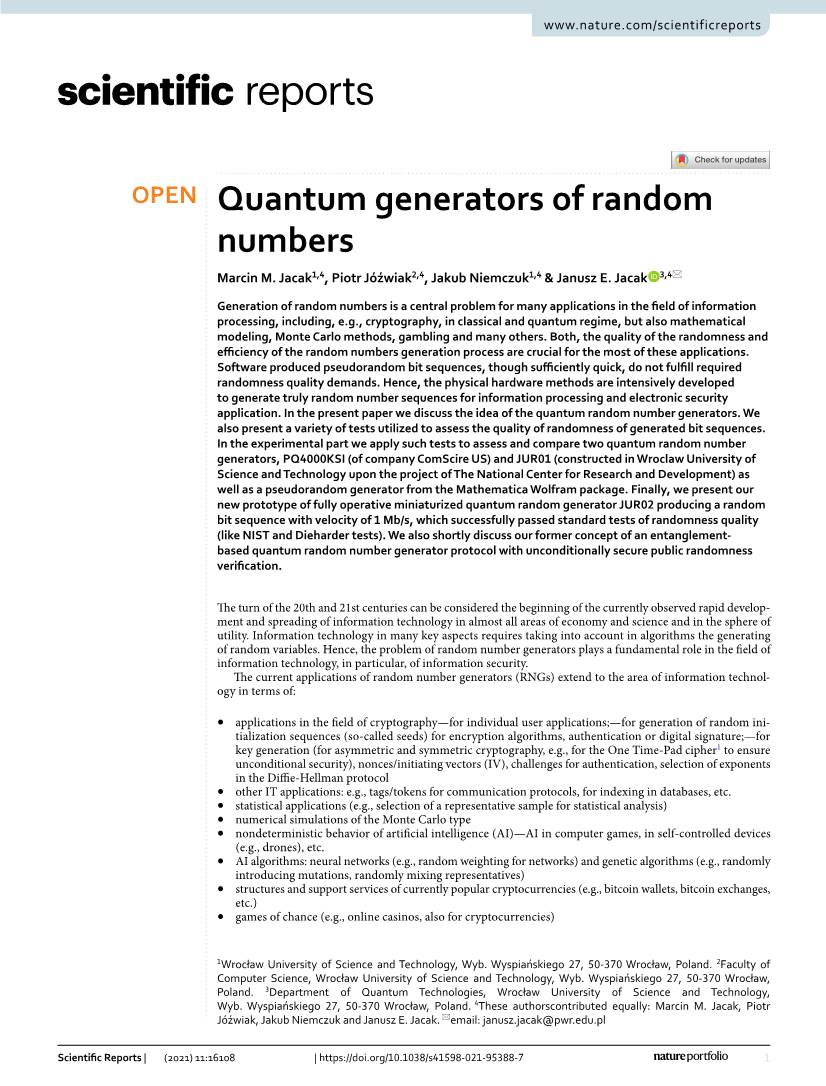 Quantum Generators of Random Numbers Marcin M
