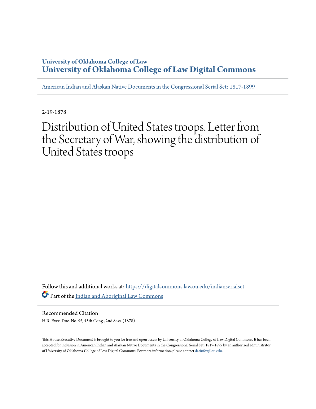 Distribution of United States Troops. Letter from the Secretary of War, Showing the Distribution of United States Troops