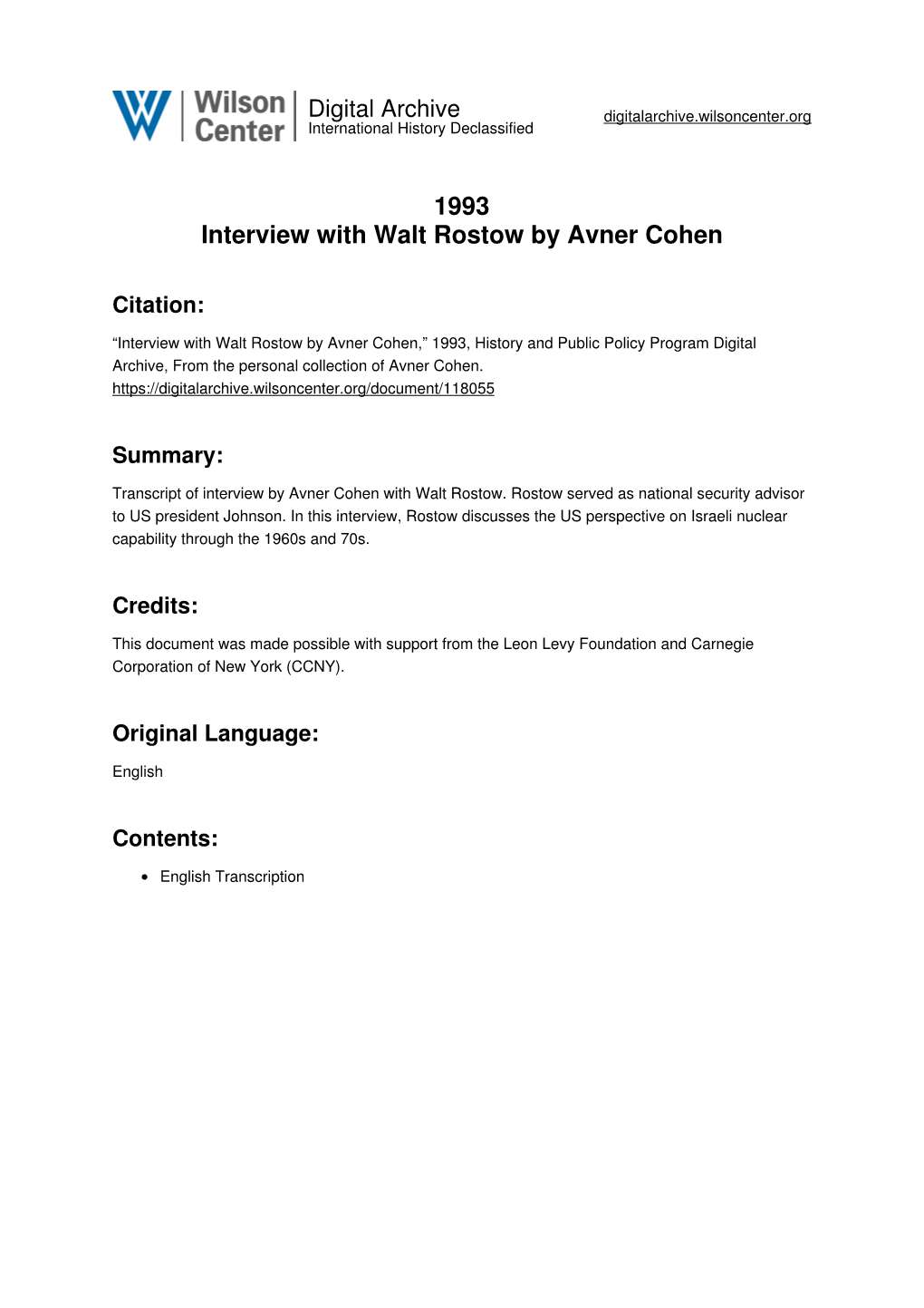 1993 Interview with Walt Rostow by Avner Cohen