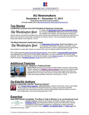 AU Newsmakers December 6 – December 13, 2013 Prepared by University Communications for Prior Weeks, Go To