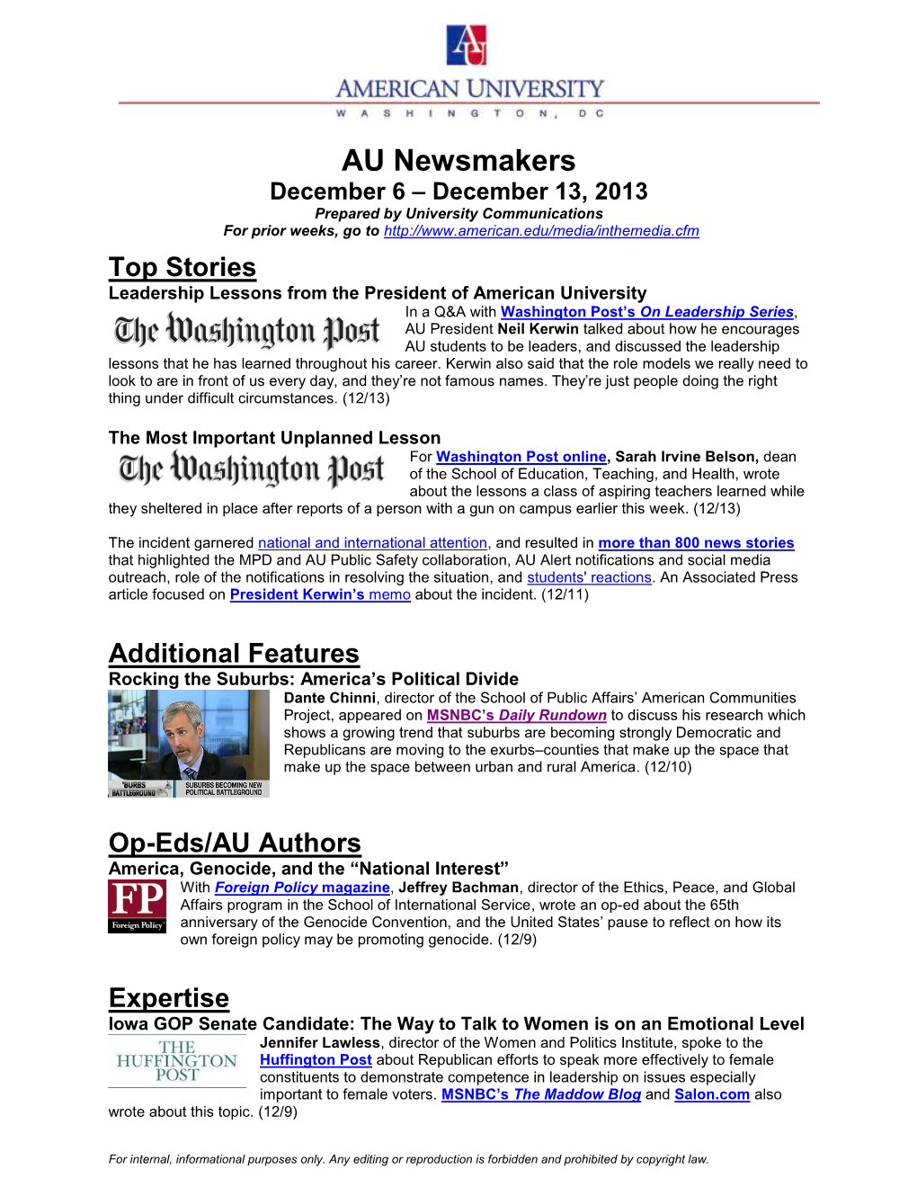 AU Newsmakers December 6 – December 13, 2013 Prepared by University Communications for Prior Weeks, Go To