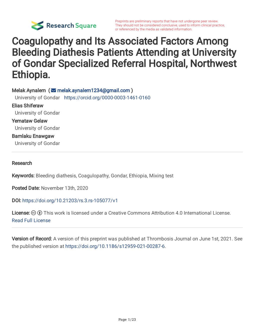 Coagulopathy and Its Associated Factors Among Bleeding Diathesis Patients Attending at University of Gondar Specialized Referral Hospital, Northwest Ethiopia