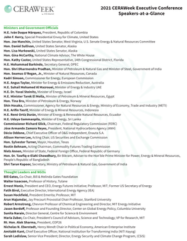 2021 Ceraweek Executive Conference Speakers-At-A-Glance