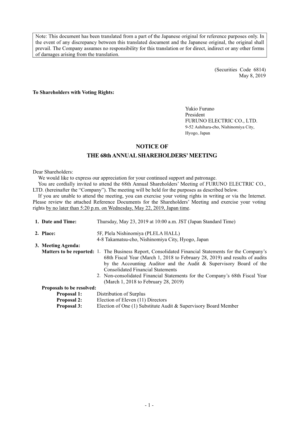 NOTICE of the 68Th ANNUAL SHAREHOLDERS' MEETING