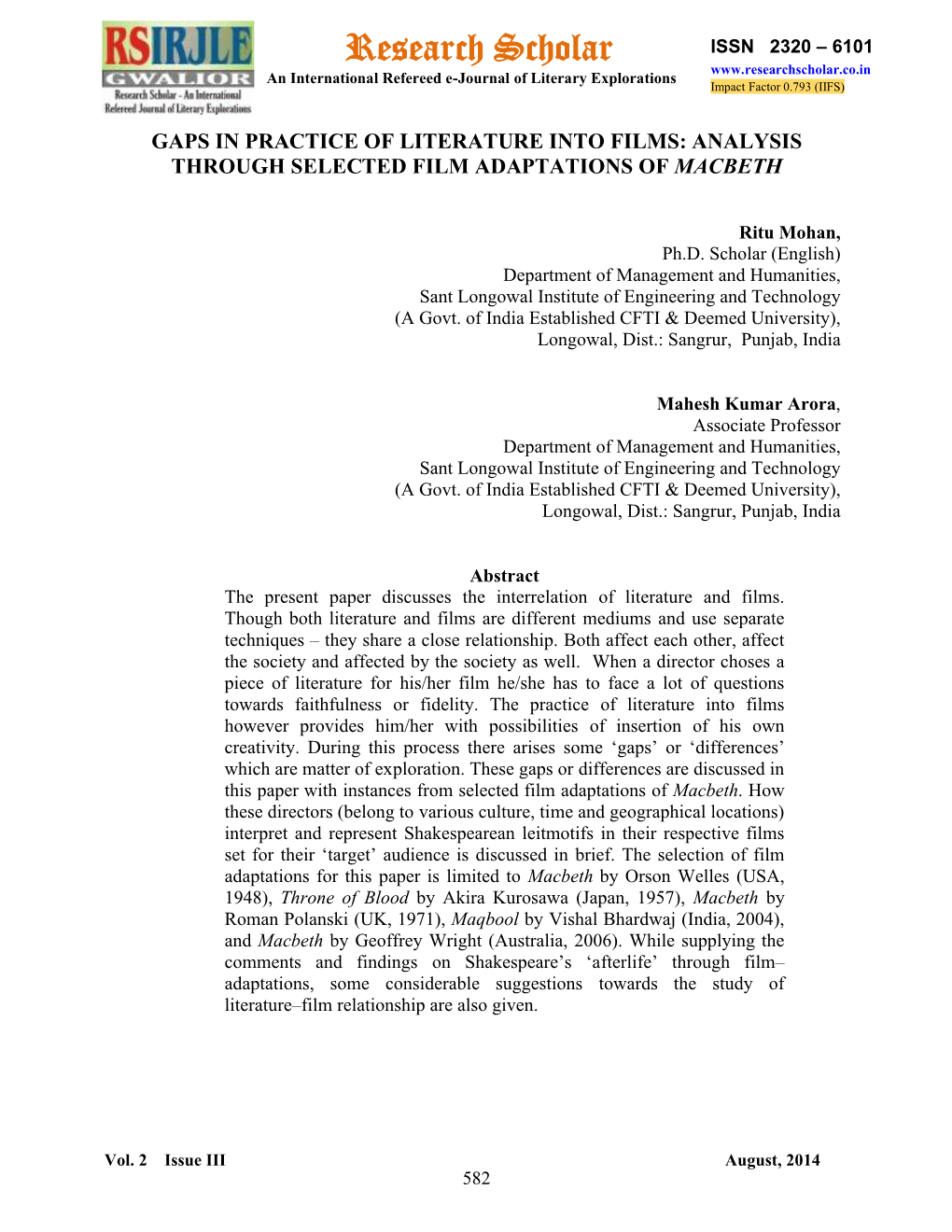 Research Scholar ISSN 2320 – 6101 an International Refereed E-Journal of Literary Explorations Impact Factor 0.793 (IIFS)