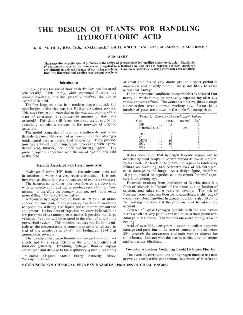 14. the Design of Plants for Handling Hydrofluoric Acid K. M. Hill