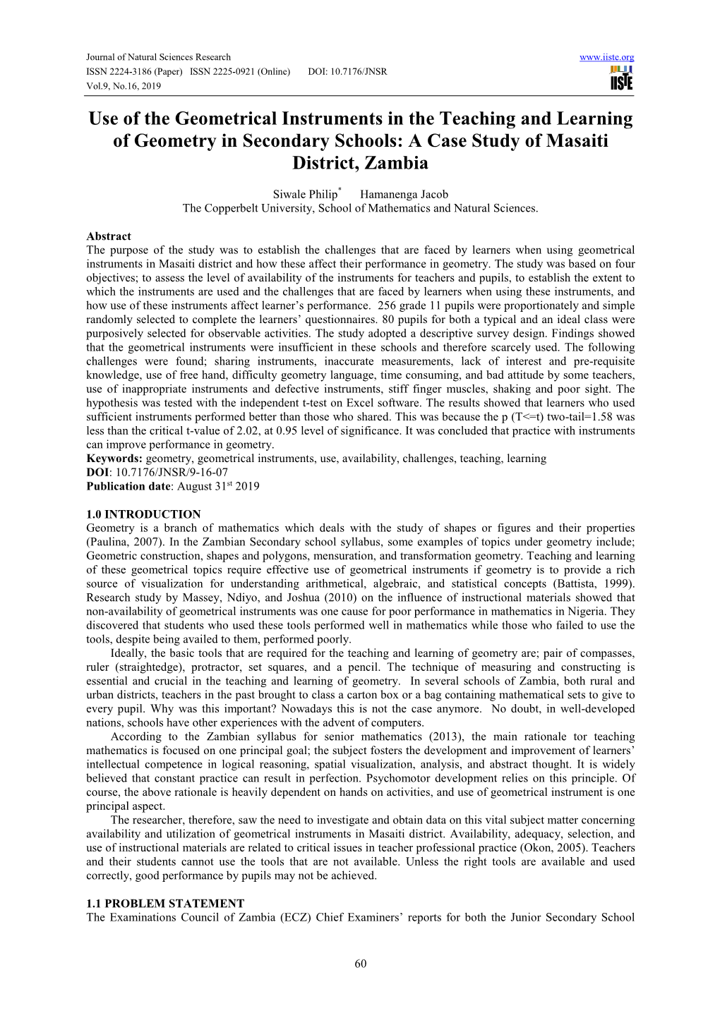 Use of the Geometrical Instruments in the Teaching and Learning of Geometry in Secondary Schools: a Case Study of Masaiti District, Zambia