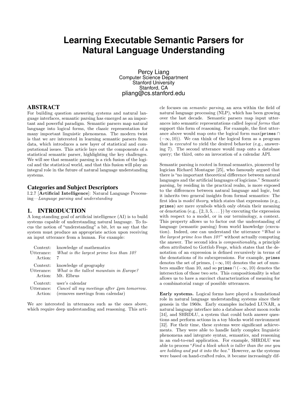 Learning Executable Semantic Parsers for Natural Language Understanding