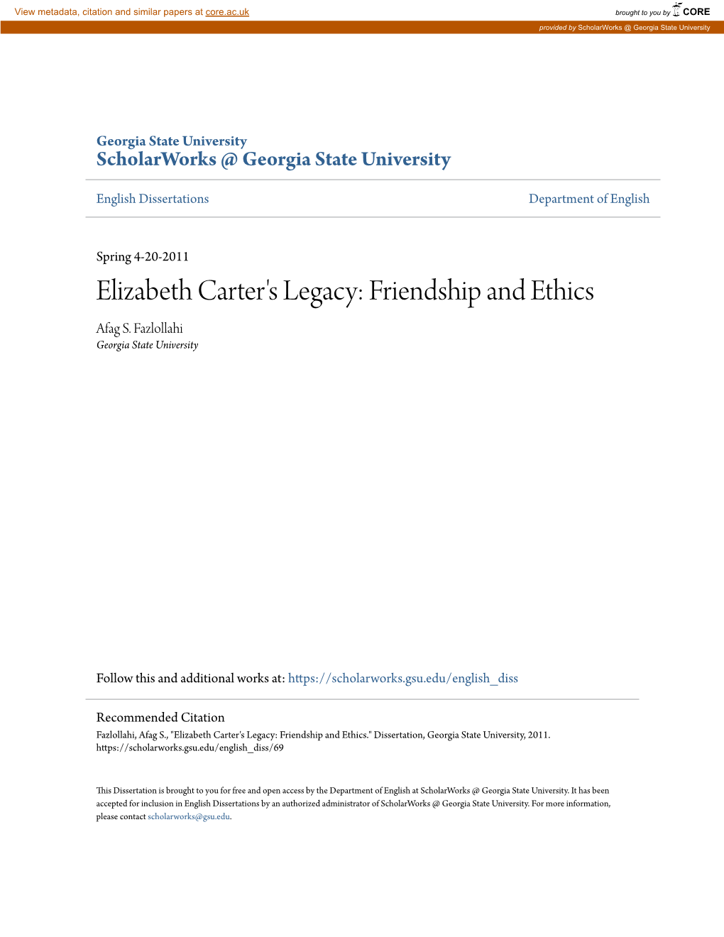 Elizabeth Carter's Legacy: Friendship and Ethics Afag S