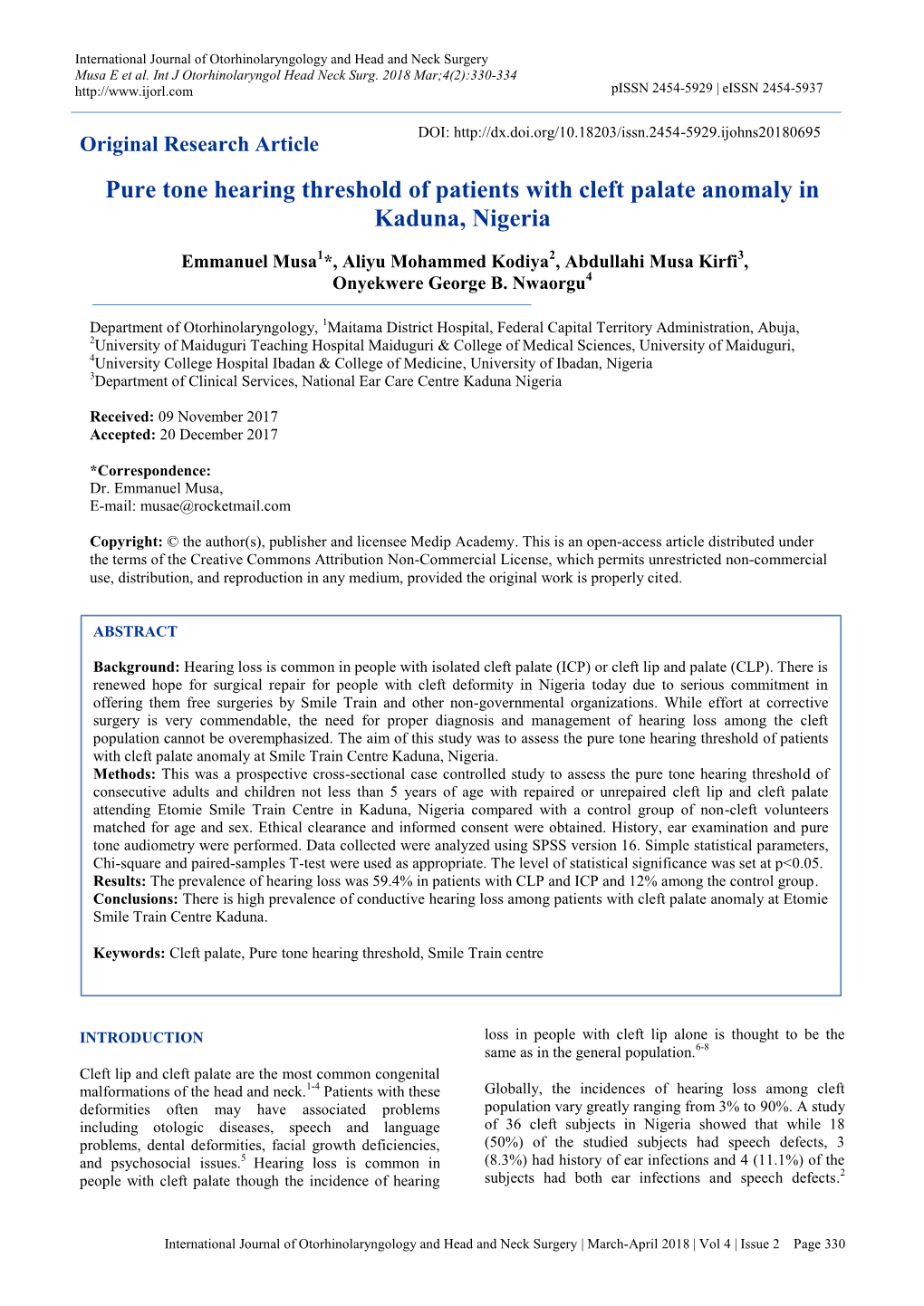 Pure Tone Hearing Threshold of Patients with Cleft Palate Anomaly in Kaduna, Nigeria