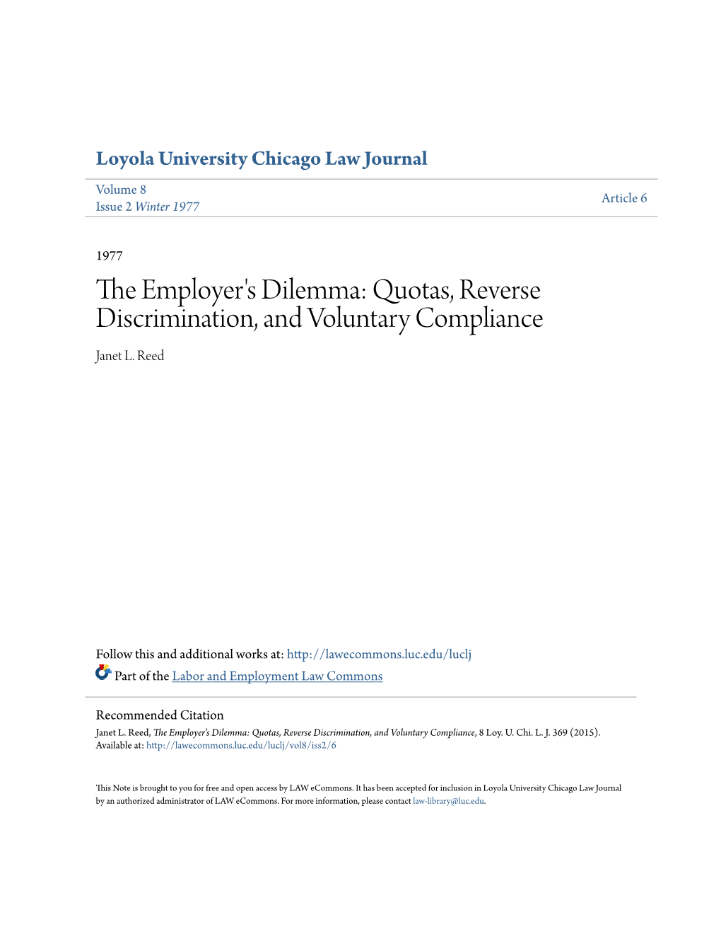 The Employer's Dilemma: Quotas, Reverse Discrimination, and Voluntary Compliance, 8 Loy