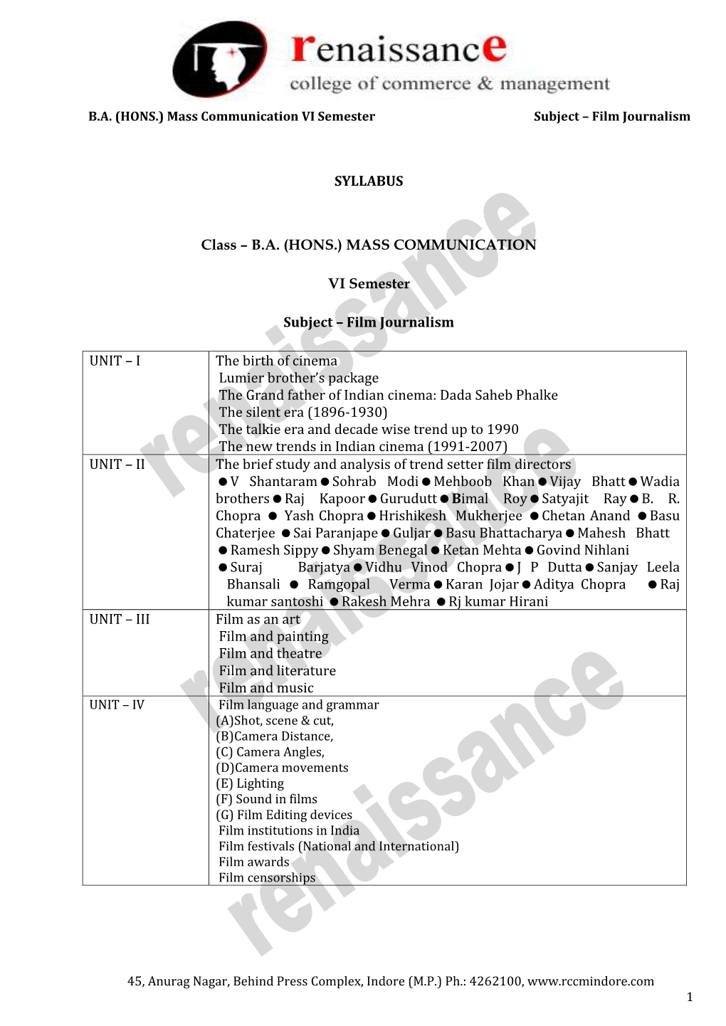 SYLLABUS Class – B.A. (HONS.) MASS COMMUNICATION VI