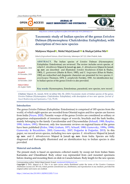 Taxonomic Study of Indian Species of the Genus Entedon Dalman (Hymenoptera: Chalcidoidea: Eulophidae), with Description of Two New Species