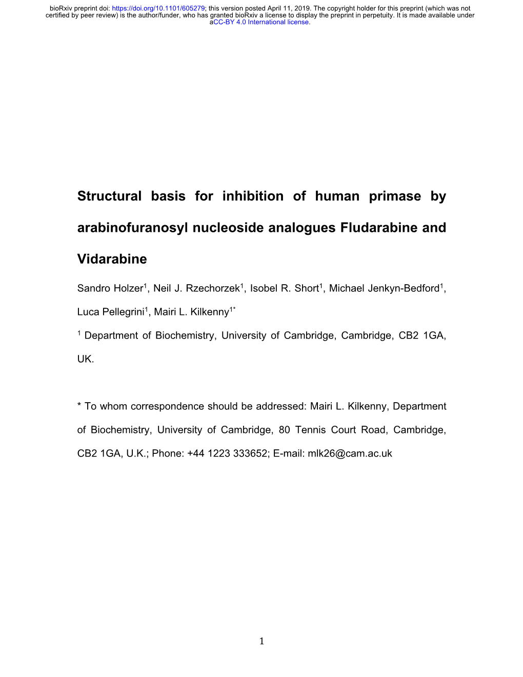 Structural Basis for Inhibition of Human Primase by Arabinofuranosyl