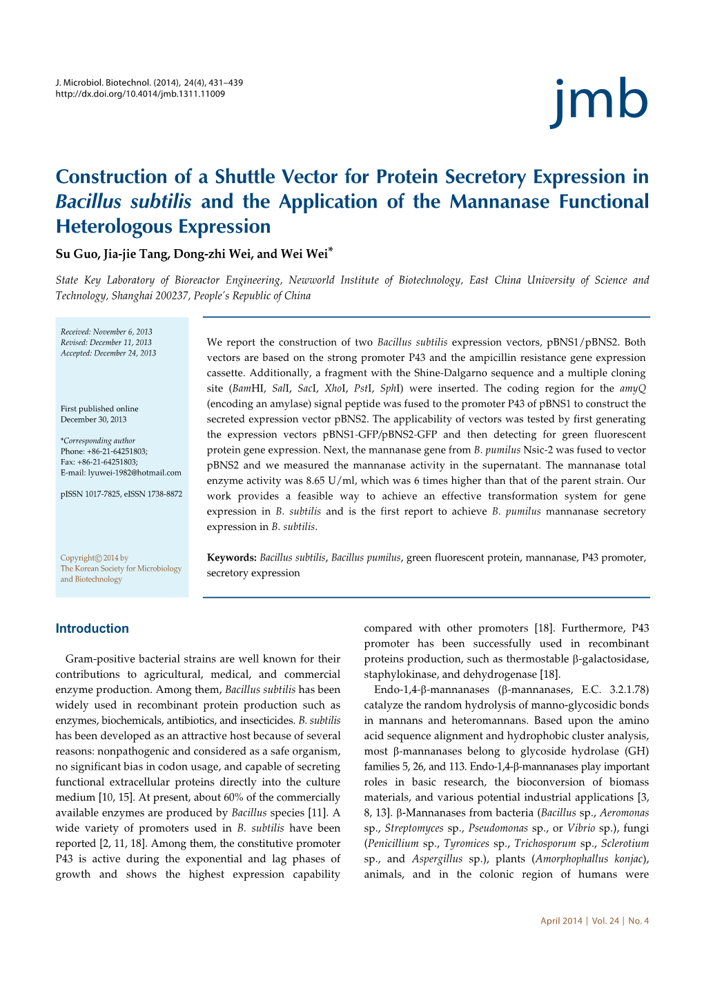 Construction of a Shuttle Vector for Protein Secretory Expression in Bacillus Subtilis and the Application of the Mannanase Func