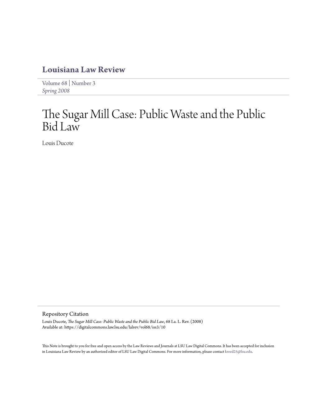 The Sugar Mill Case: Public Waste and the Public Bid Law, 68 La