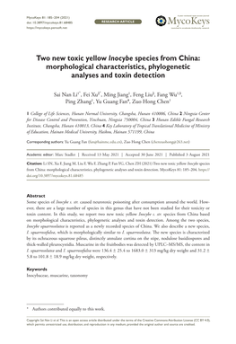 Two New Toxic Yellow Inocybe Species from China: Morphological Characteristics, Phylogenetic Analyses and Toxin Detection