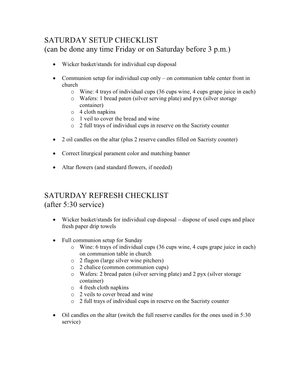 SATURDAY SETUP CHECKLIST (Can Be Done Any Time Friday Or on Saturday Before 3 P.M.)