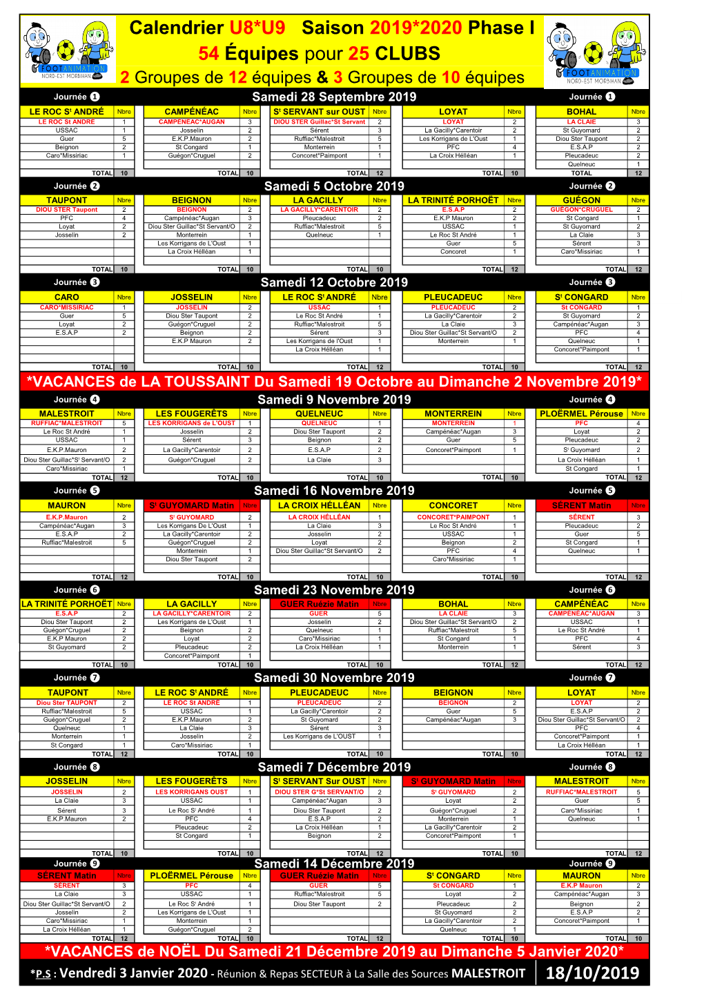 Calendrier U8*U9 Saison 2019*2020 Phase I