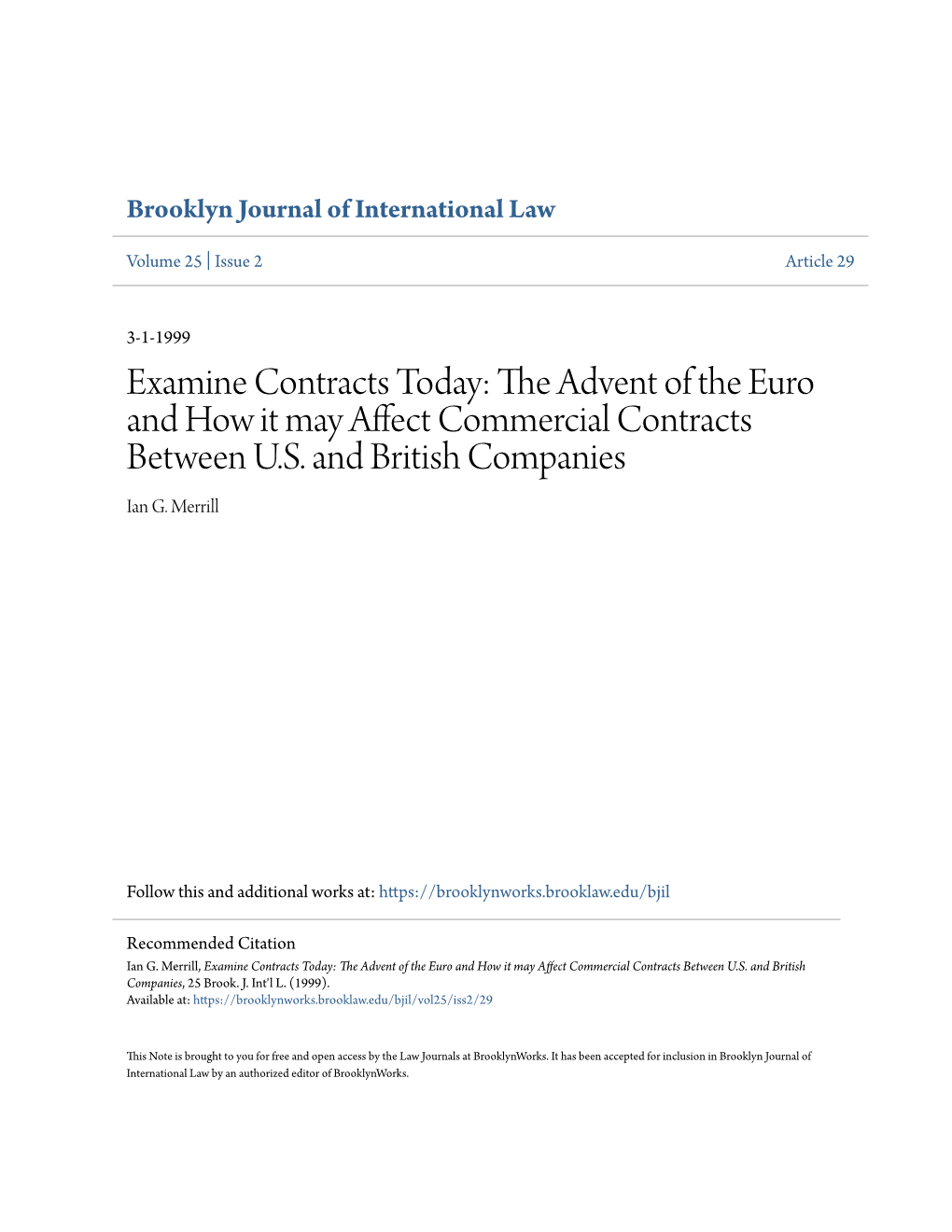 Examine Contracts Today: the Advent of the Euro and How It May Affect Commercial Contracts Between U.S
