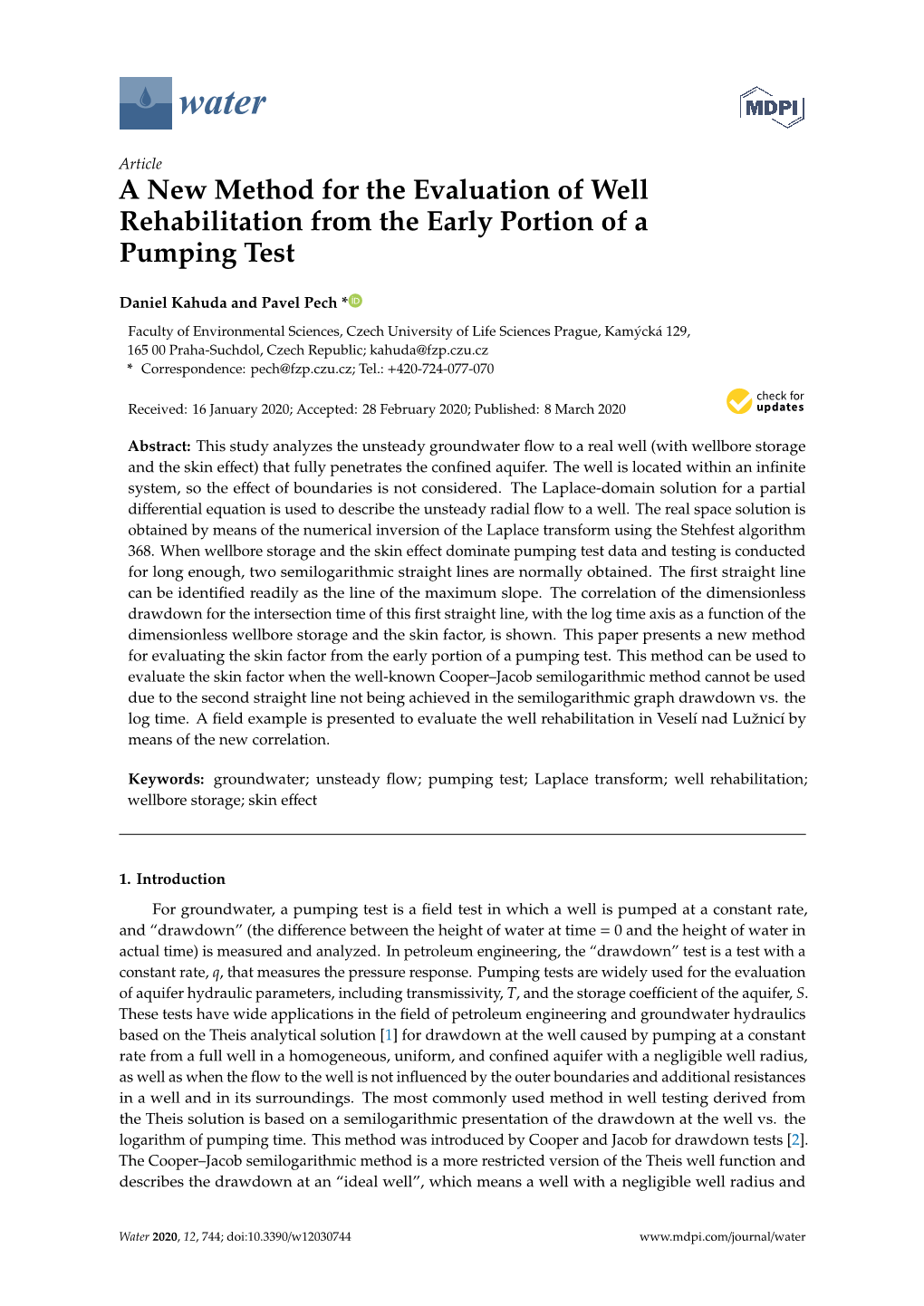 A New Method for the Evaluation of Well Rehabilitation from the Early Portion of a Pumping Test