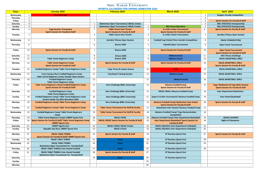 Sports Calender for Spring Semester 2020