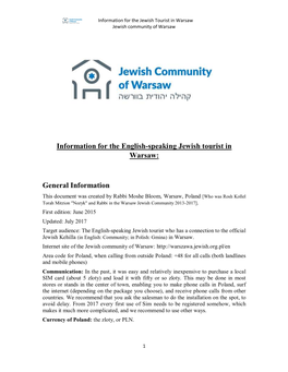 Information for the English-Speaking Jewish Tourist in Warsaw