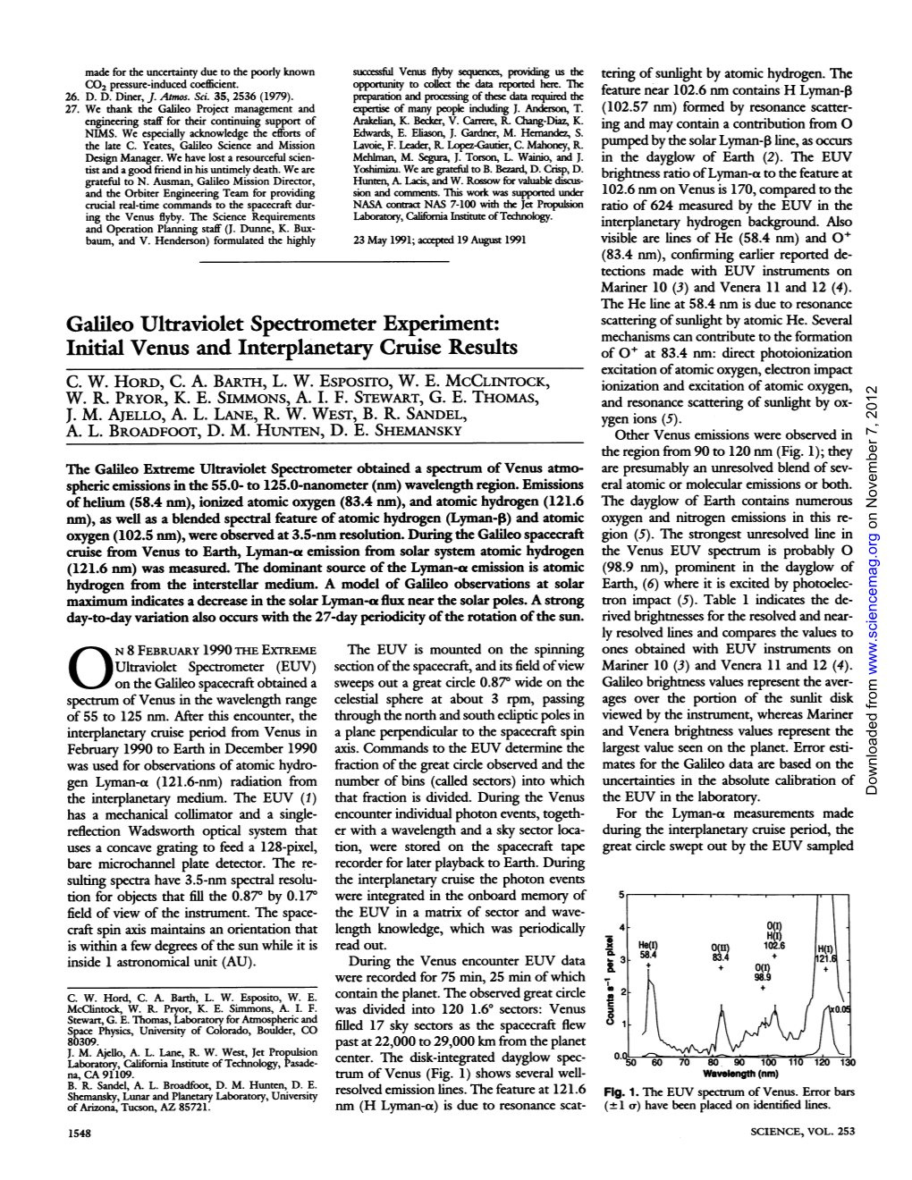 Galileo Ultraviolet Spectrometer Experiment: Initial Venus And