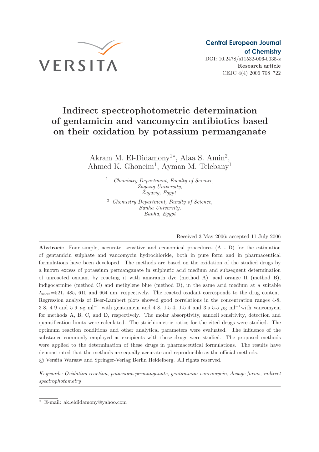 Indirect Spectrophotometric Determination of Gentamicin and Vancomycin Antibiotics Based on Their Oxidation by Potassium Permanganate