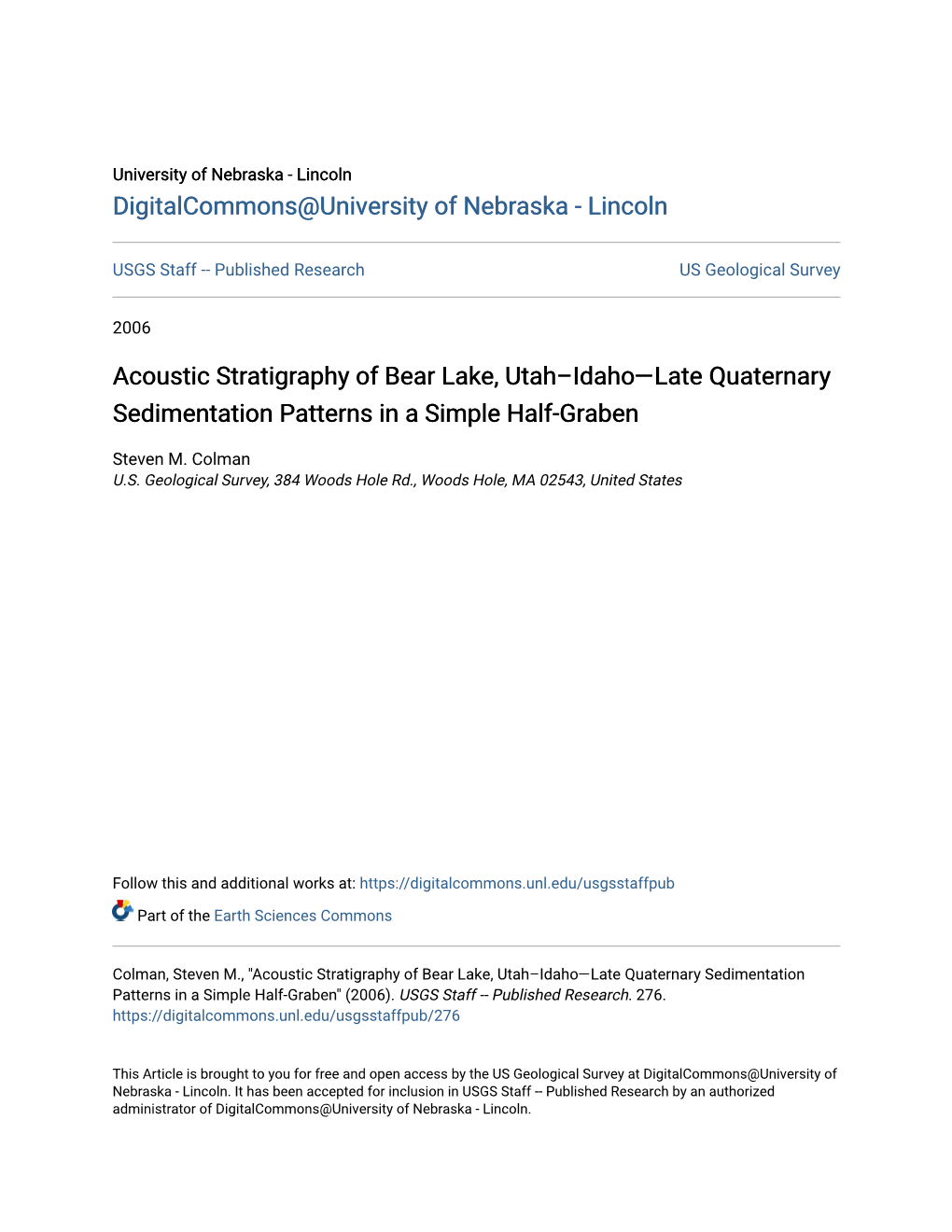 Acoustic Stratigraphy of Bear Lake, Utah–Idaho—Late Quaternary Sedimentation Patterns in a Simple Half-Graben